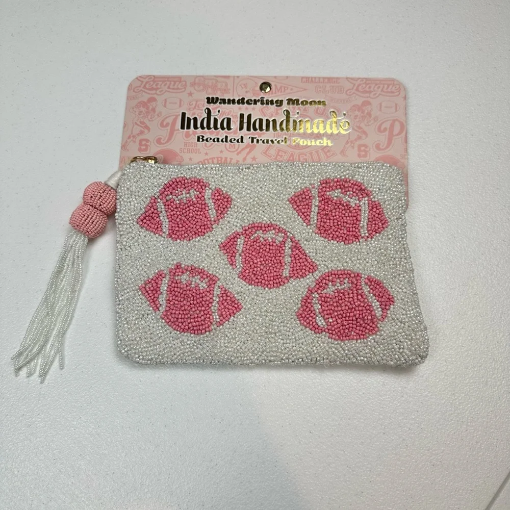 India Handmade in Wandering Moon Beaded Pouch Bag‎ Football White/Pink Game Day